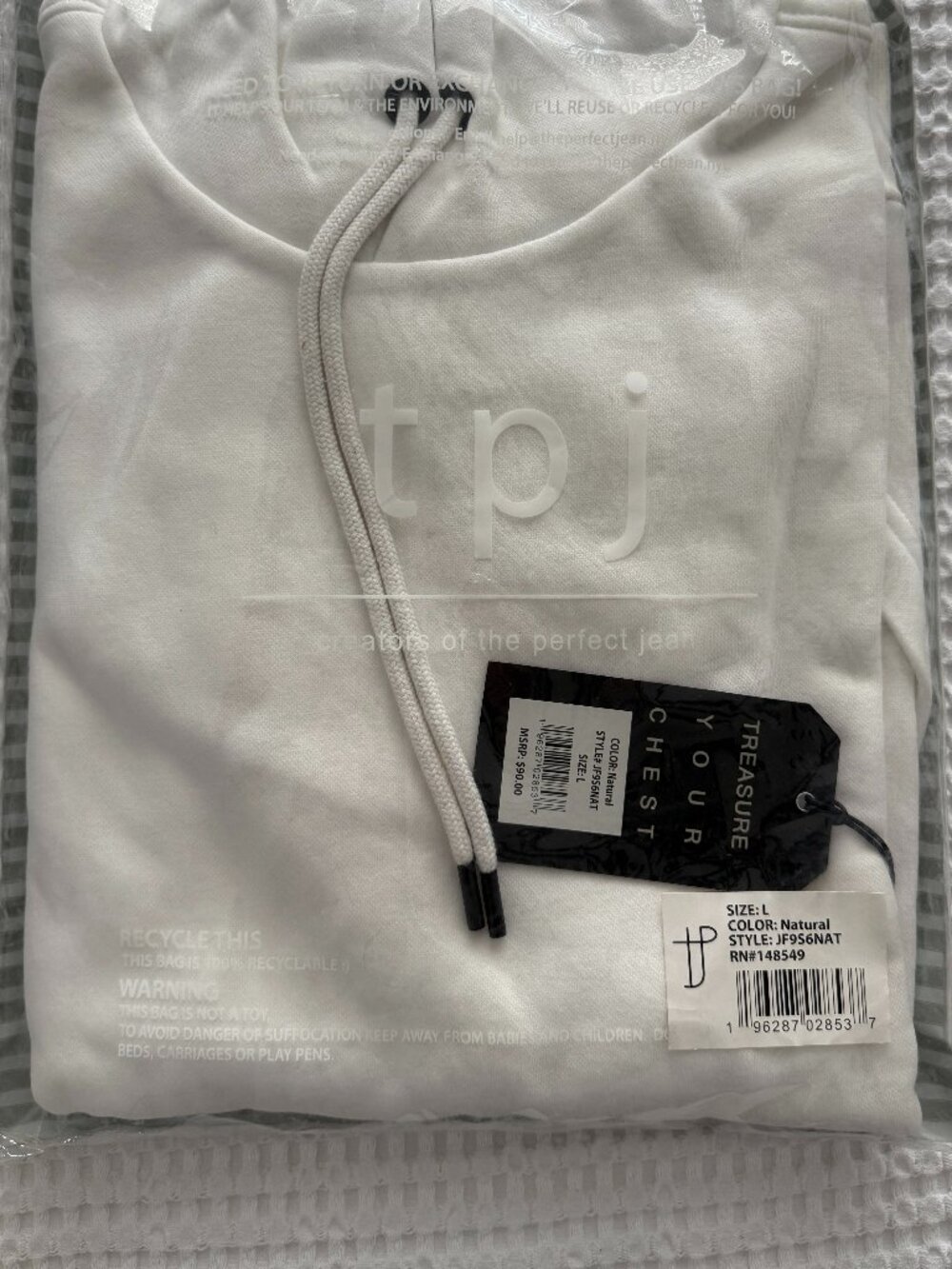 The Perfect Jean NYC Natural Hoodie Men’s Large NWT Organic Cotton